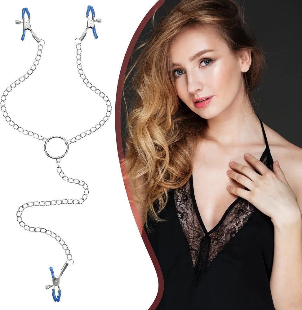 Blue Silicone-Padded Non-Piercing Nipple Clamp Y-Chain Body Jewelry