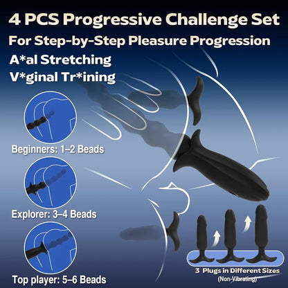 Premium 4-Piece Silicone Anal Training Kit: Vibrating Beads and Butt Plug Set with 10 Stimulation Modes