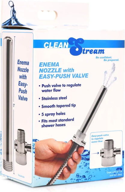 CLEANSTREAM Stainless Steel Enema Nozzle with Push Valve - Rust-Free Colon Cleansing Attachment for Standard Hoses