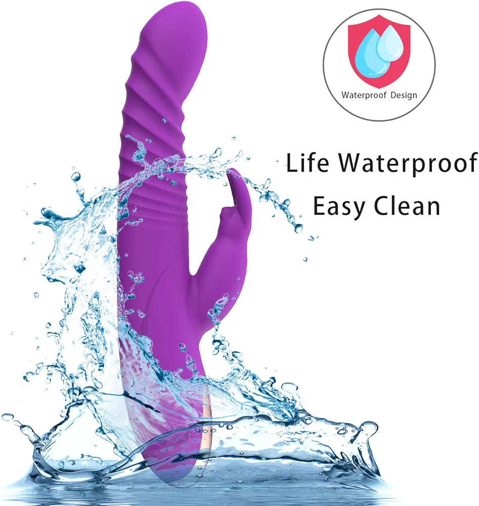 Thrusting Rabbit Vibrator, G Spot Clitoral Vibrator Waterproof & Rechargeable Realistic Silicone Dildo Vibrator with 3 Thrusting & 8 Vibrating Modes, Rose Sex Toys for Women 