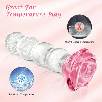 Luminous 4.8-Inch Borosilicate Glass Anal Bead Plug with Rose Detail for Prostate and G-Spot Stimulation