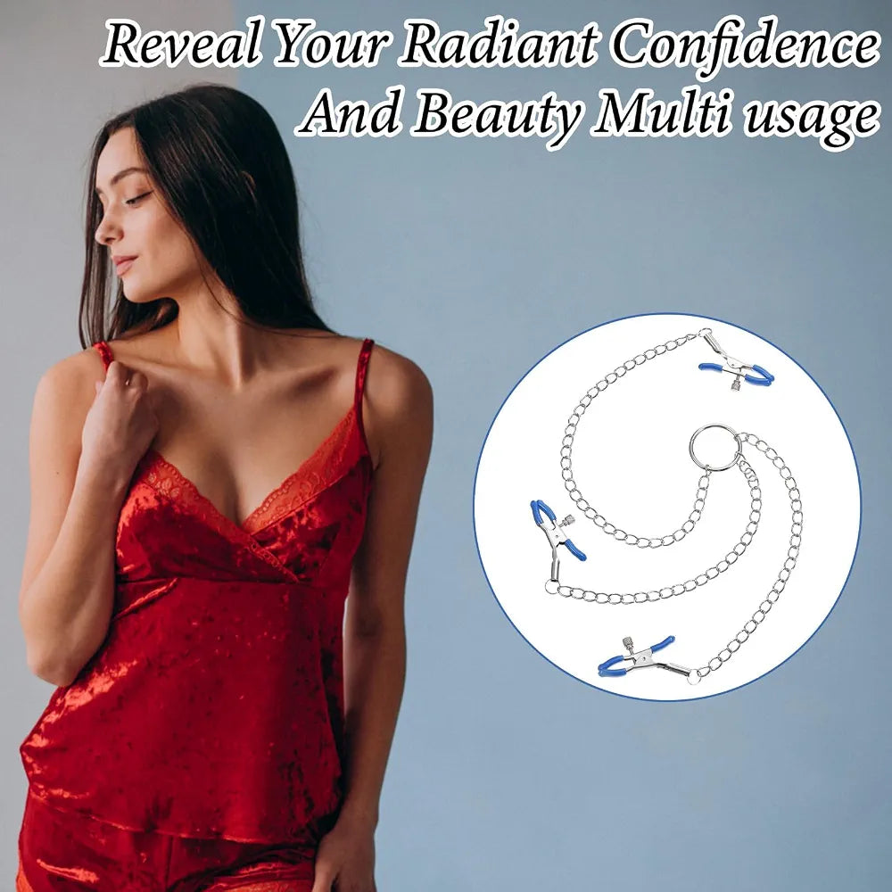 Blue Silicone-Padded Non-Piercing Nipple Clamp Y-Chain Body Jewelry