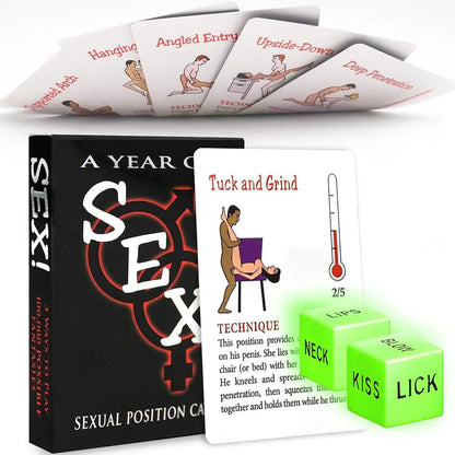 Romantic Couples Game: 50 Intimate Position Cards & Glow-in-the-Dark Dice Set