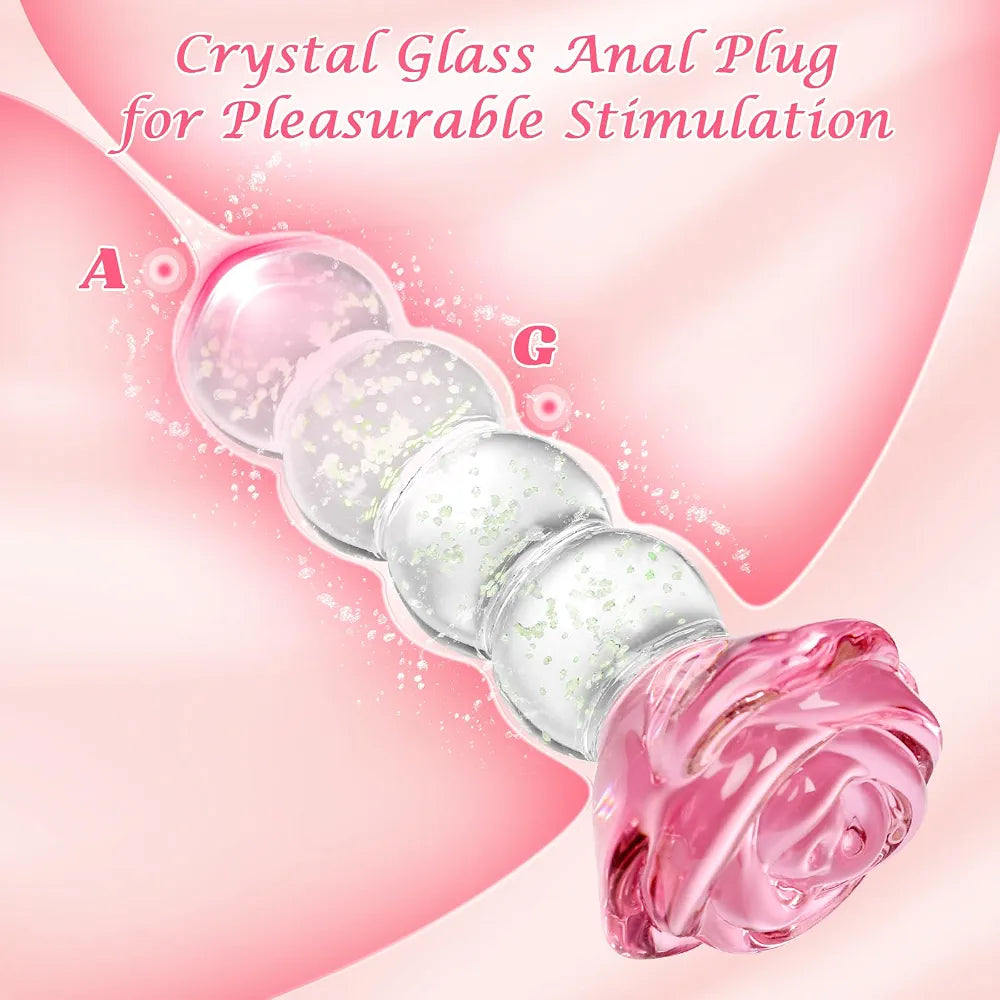 Luminous 4.8-Inch Borosilicate Glass Anal Bead Plug with Rose Detail for Prostate and G-Spot Stimulation