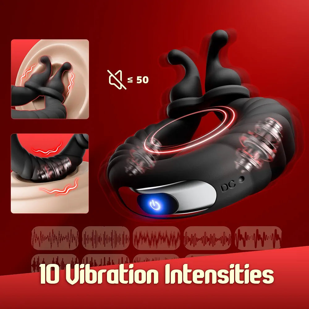 10-Mode Rechargeable Vibrating Penis Ring with Clitoral Stimulator for Couples