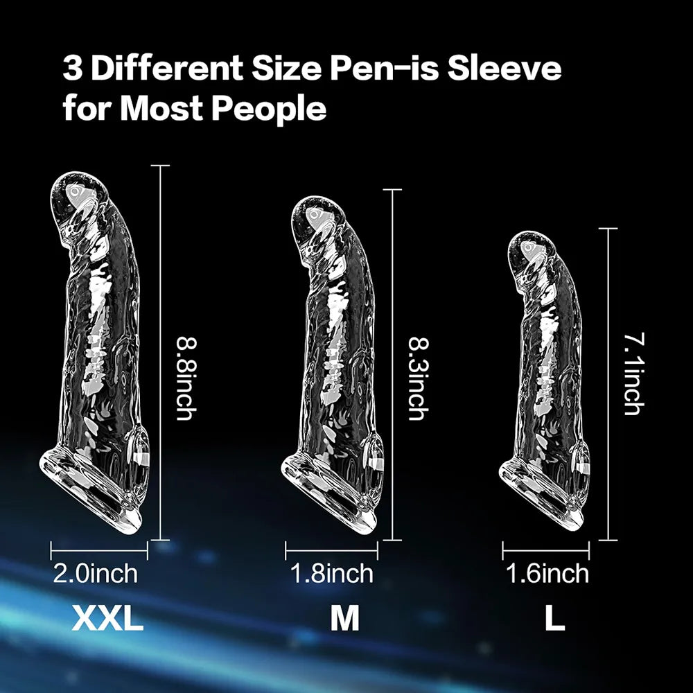 3 Sizes Reusable Penis Sleeve with Cock Ring – Soft Clear Cock Sleeve Penis Extender for Added Length & Girth, Stable Fit that Stays in Place, Sex Toys for Men & Couples