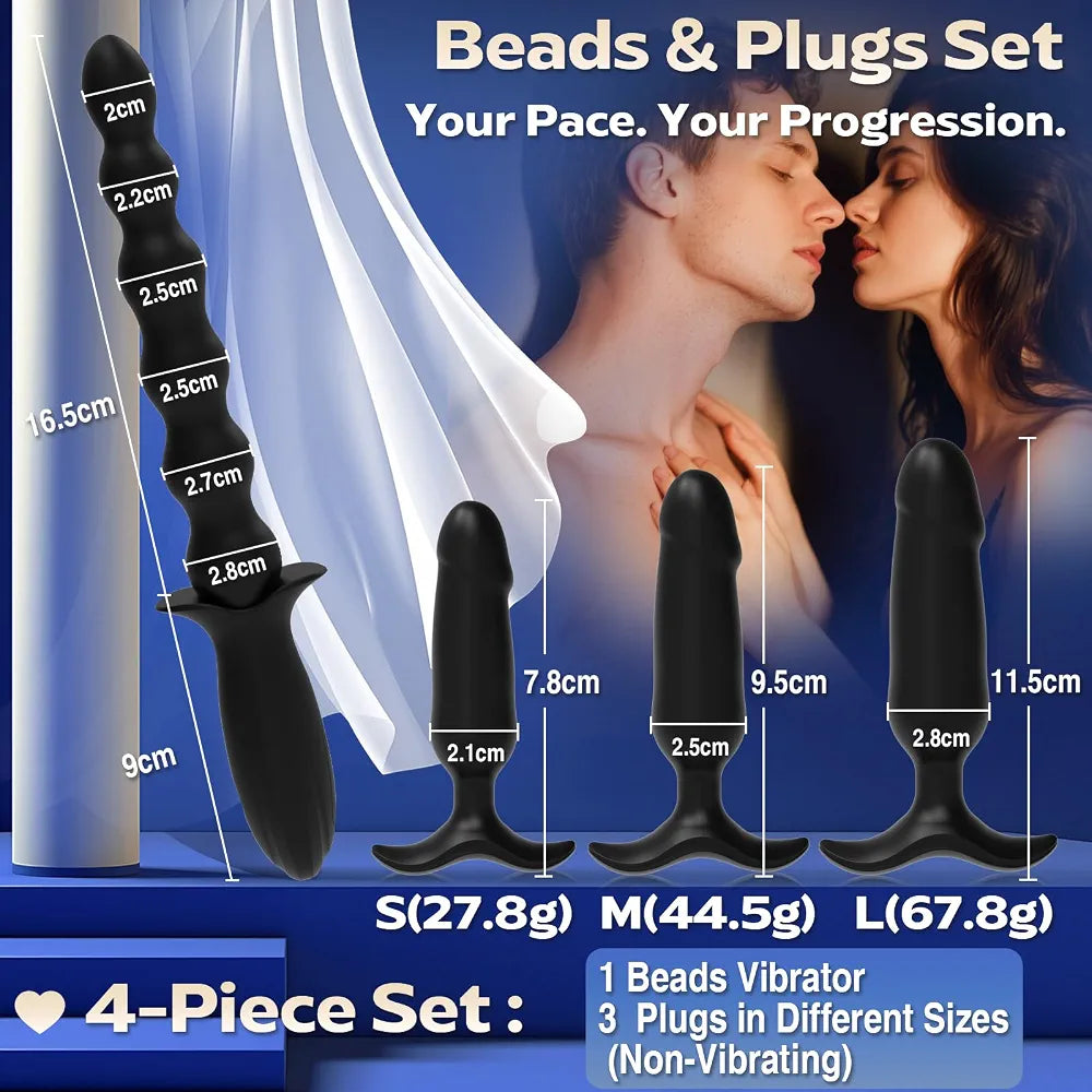 Premium 4-Piece Silicone Anal Training Kit: Vibrating Beads and Butt Plug Set with 10 Stimulation Modes