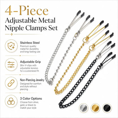 Adjustable Metal Nipple Clamps Set - 4 Piece Non-Piercing Stimulator