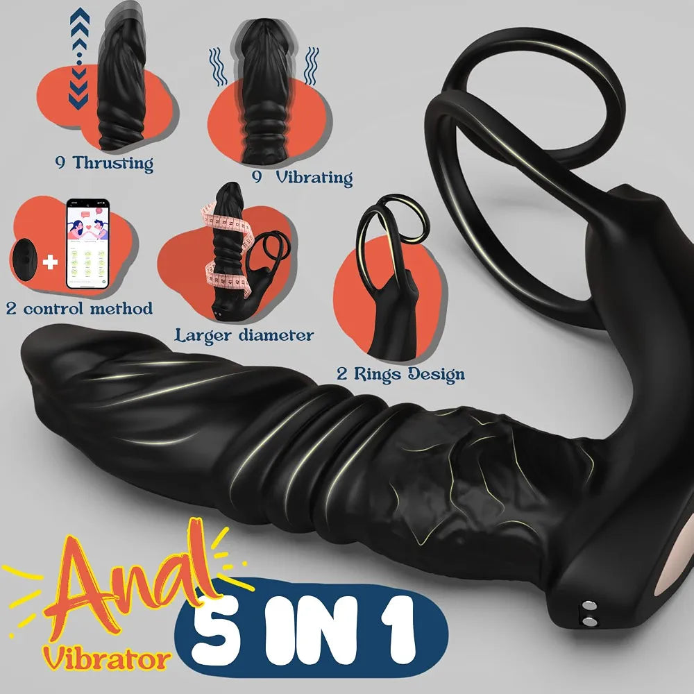 Advanced Dual-Motor Prostate Massager with Thrusting Dildo and App-Controlled Vibrating Cock Ring