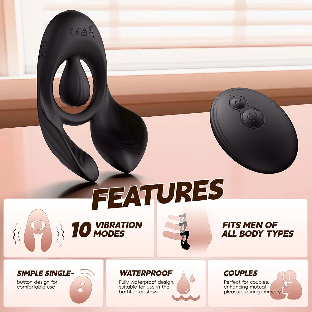 Triple-Motor Remote Controlled Vibrating Penis Ring with 10 Vibration Modes for Couples