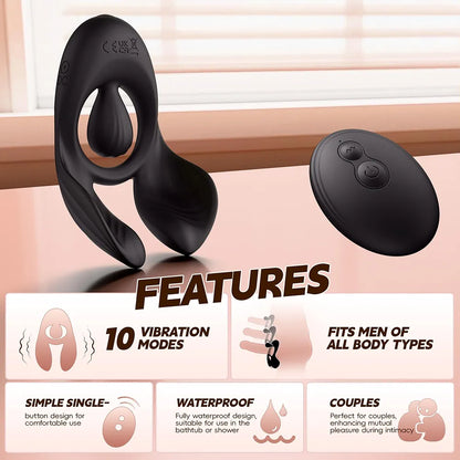 Triple-Motor Remote Controlled Vibrating Penis Ring with 10 Vibration Modes for Couples