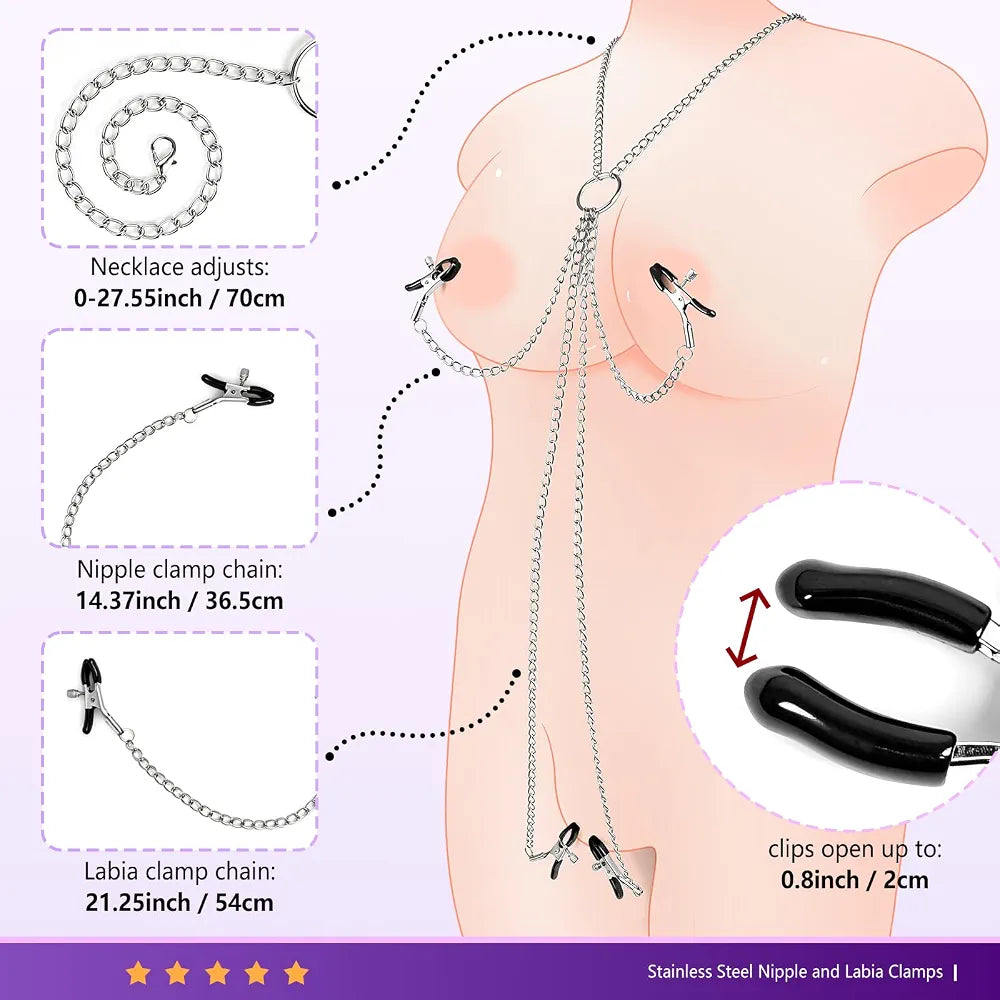Adjustable Non-Piercing Nipple and Clitoral Clamp Set with Connecting Chain for Sensual Play