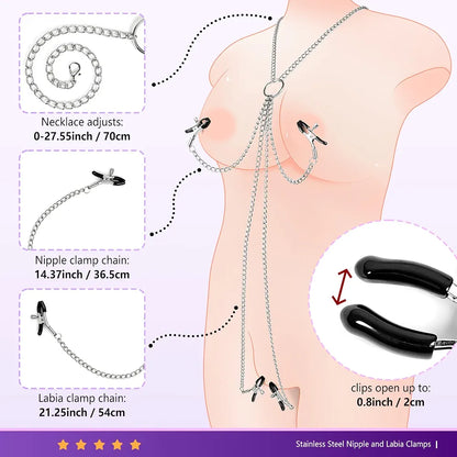 Adjustable Non-Piercing Nipple and Clitoral Clamp Set with Connecting Chain for Sensual Play