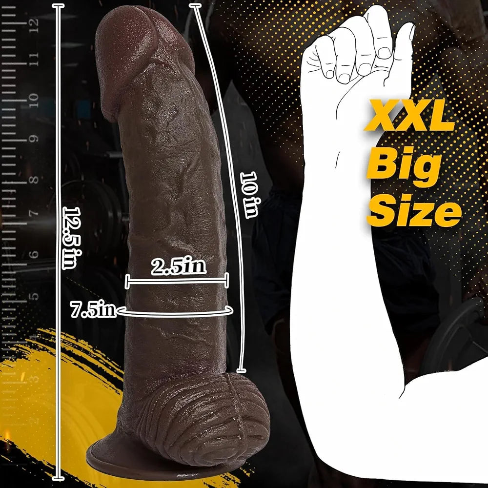 12.5" XXL Black Silicone Dildo with Suction Cup - 8" Girthy Dual-Density Horse Dildo for Anal and Vaginal Play