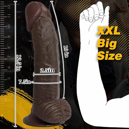 12.5" XXL Black Silicone Dildo with Suction Cup - 8" Girthy Dual-Density Horse Dildo for Anal and Vaginal Play