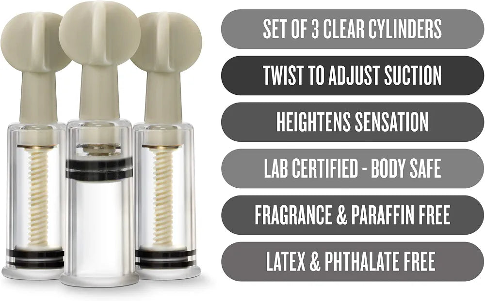 Temptasia Adjustable Vacuum Suction Stimulators for Clitoris and Nipples - 3 Piece Set