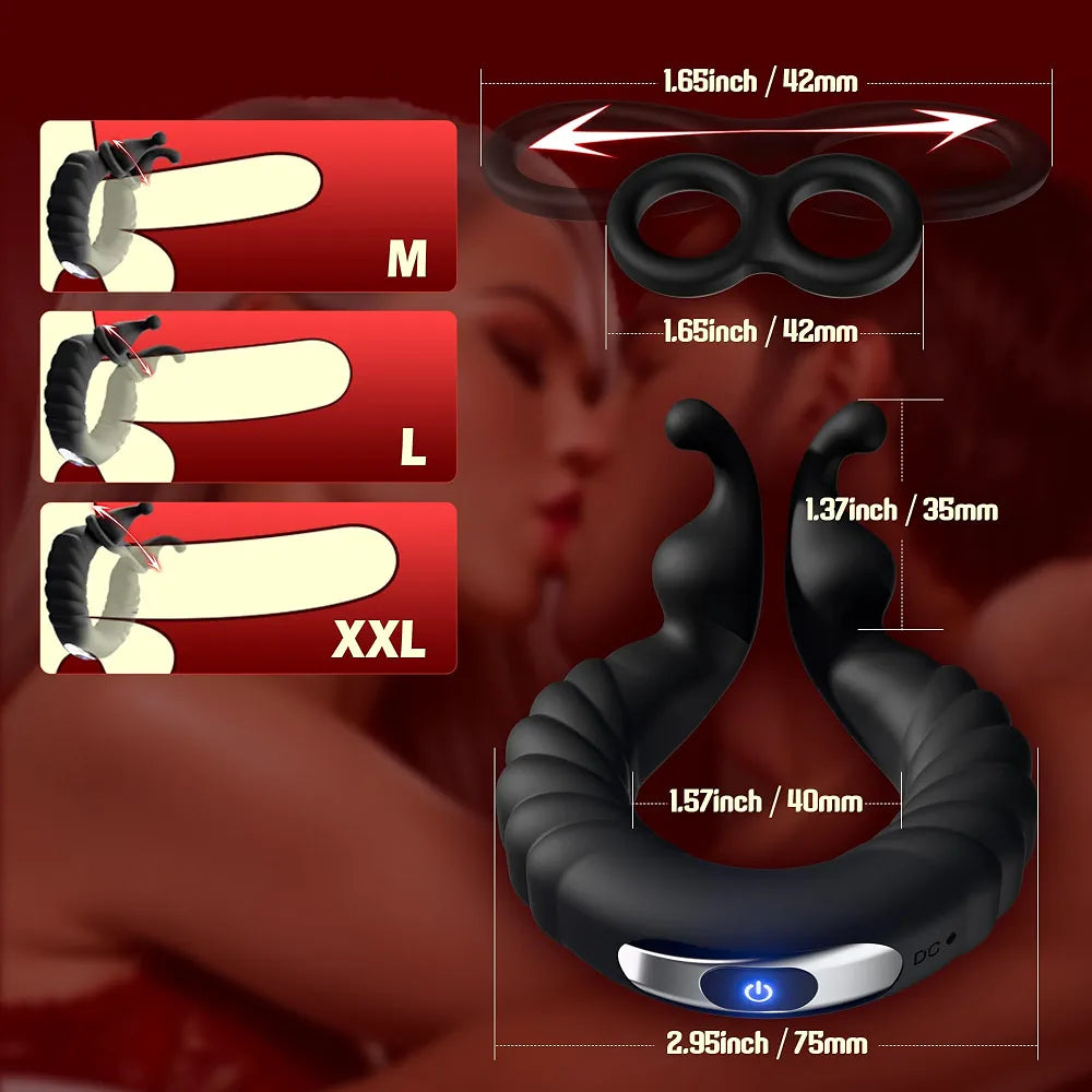 10-Mode Rechargeable Vibrating Penis Ring with Clitoral Stimulator for Couples