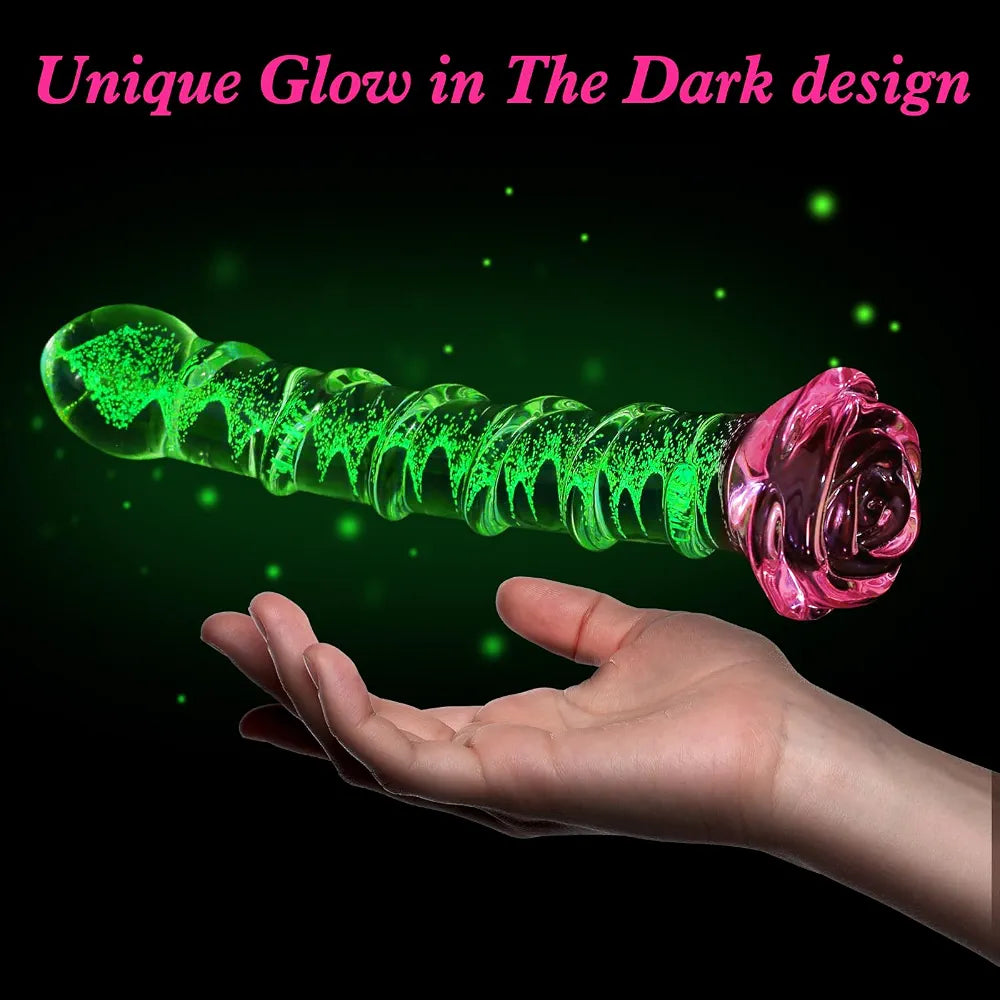 8-Inch Curved Ribbed Borosilicate Glass Dildo with Glow-in-the-Dark Wand for Women and Couples