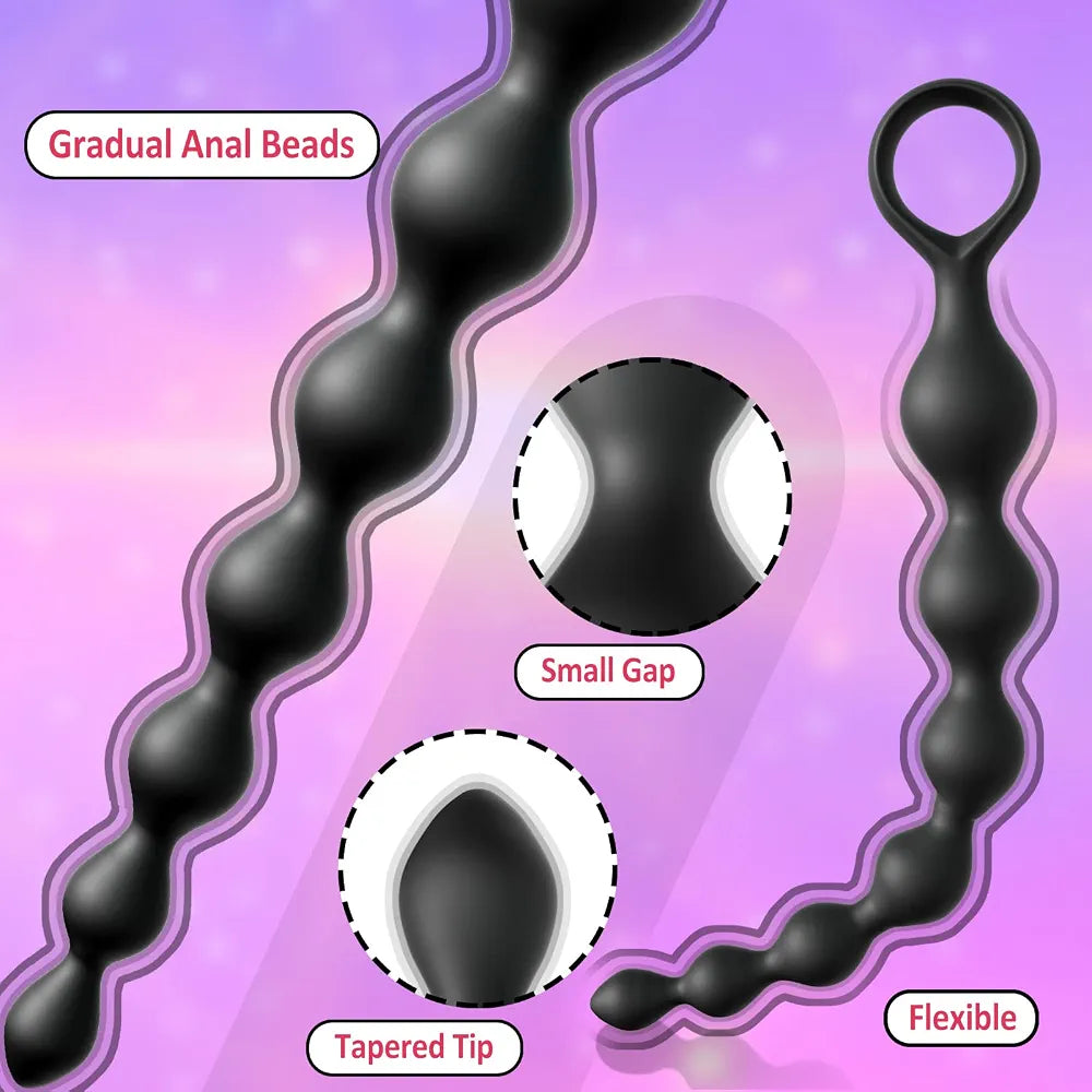 7-Ball Flexible Silicone Anal Training Chain with Pull Loop - 8.23 Inch Black