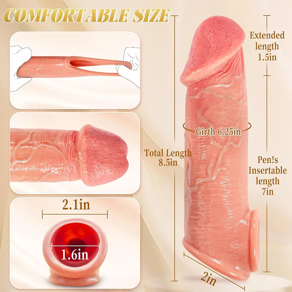 Penis Sleeve with 2.3'' Diameter Huge Realistic Glans, Reusable 8.5'' Silicone Cock Sleeve Sex Toys for Men, Delay Ejaculation Penis Extender with Thickened Testicle Ring, Couples Male Sex Toys