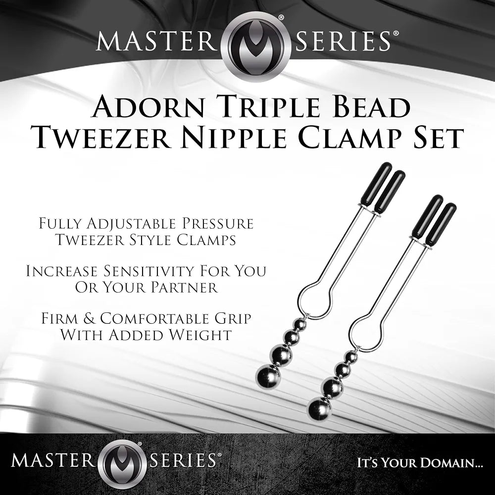Master Series Adjustable Triple Bead Nipple Clamps with Soft Vinyl Tips - Sensory Play & BDSM Accessory