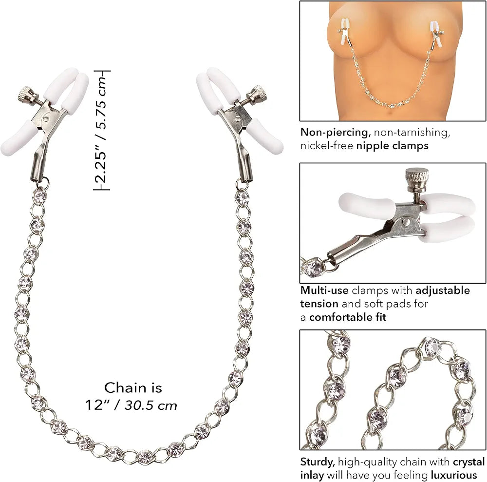 Crystal-Embellished Adjustable Tension Nipple Clamps with Silver Chain