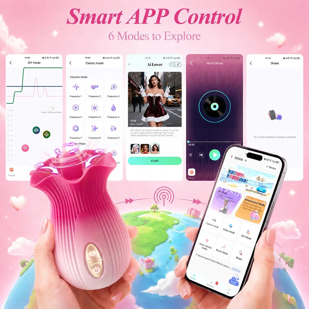 Rose AI-Sync Vibrator: 21-Mode Suction, Licking & Vibration Toy for Clitoral and Anal Stimulation