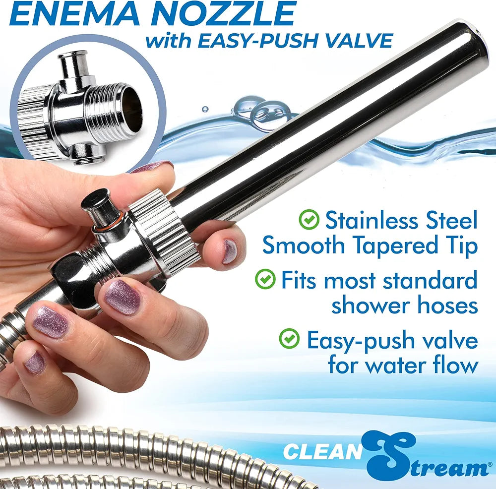 CLEANSTREAM Stainless Steel Enema Nozzle with Push Valve - Rust-Free Colon Cleansing Attachment for Standard Hoses