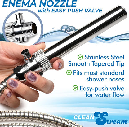 CLEANSTREAM Stainless Steel Enema Nozzle with Push Valve - Rust-Free Colon Cleansing Attachment for Standard Hoses