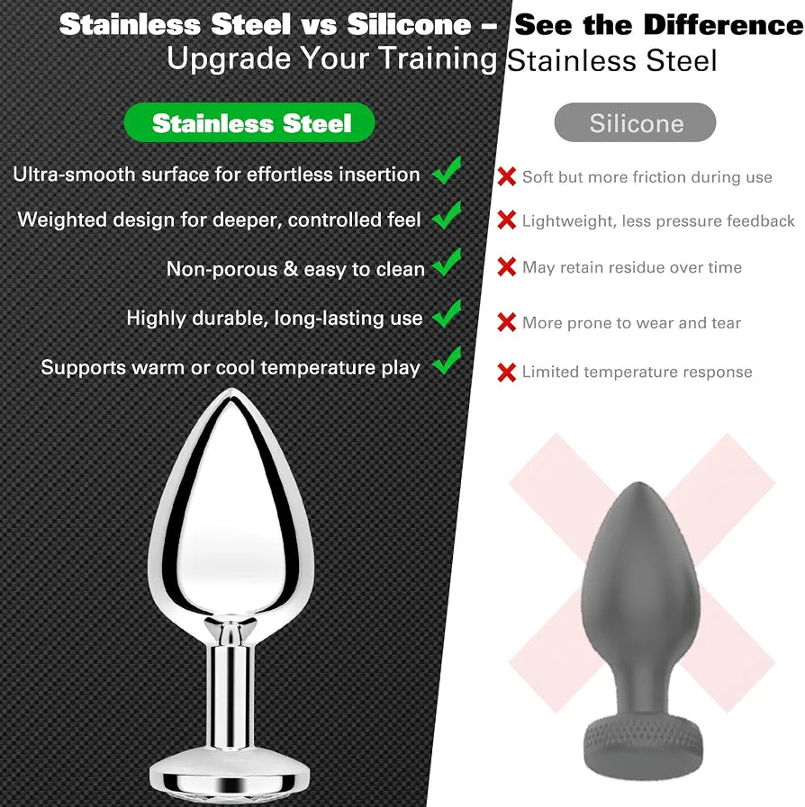 4-Piece Stainless Steel Graduated Anal Training Plug Set with Crystal Base