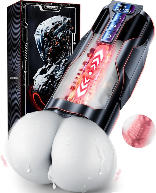 BootyPop Automatic Male Masturbator with 360° Heating, 10 Vibration & 7 Thrusting Modes, Realistic Dual-Channel Stroker with LCD Display