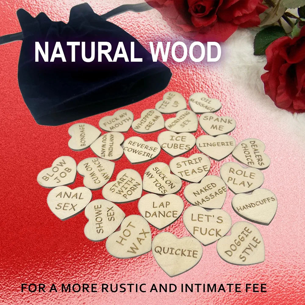 Romantic Wooden Activity Tokens for Couples - 20 Heart-Shaped Date Night Game Pieces