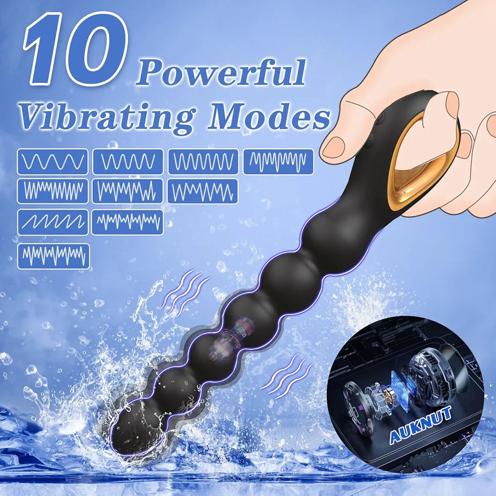 Auknut Rechargeable Silicone Anal Beads with 10 Vibration Modes and Pull Ring