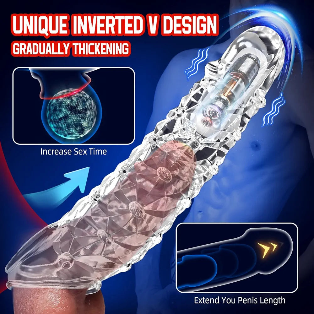 Vibrating Penis Sleeve Extender with Clitoral Stimulator and Textured Surface