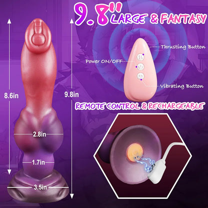 9.8-Inch Fantasy Monster Dog Knot Dildo with Suction Cup, 6 Thrusting and 8 Vibration Modes for G-Spot and Anal Stimulation