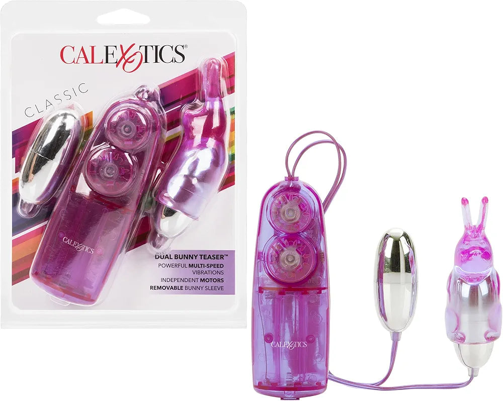 CalExotics Dual Bunny Teaser: Rabbit Tickler & Double Bullet Vibrator for Couples - Purple