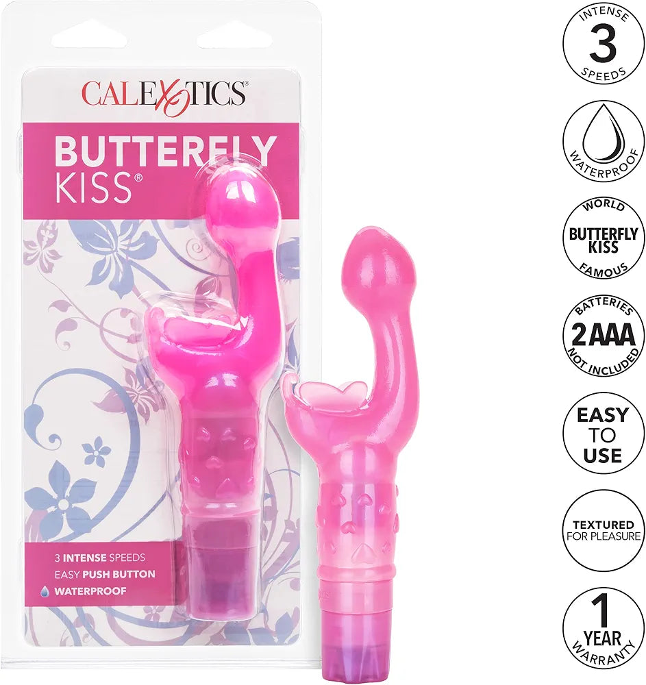 CalExotics Original Butterfly Kiss Multi-Speed Waterproof Clitoral and G-Spot Vibrator for Couples - Pink
