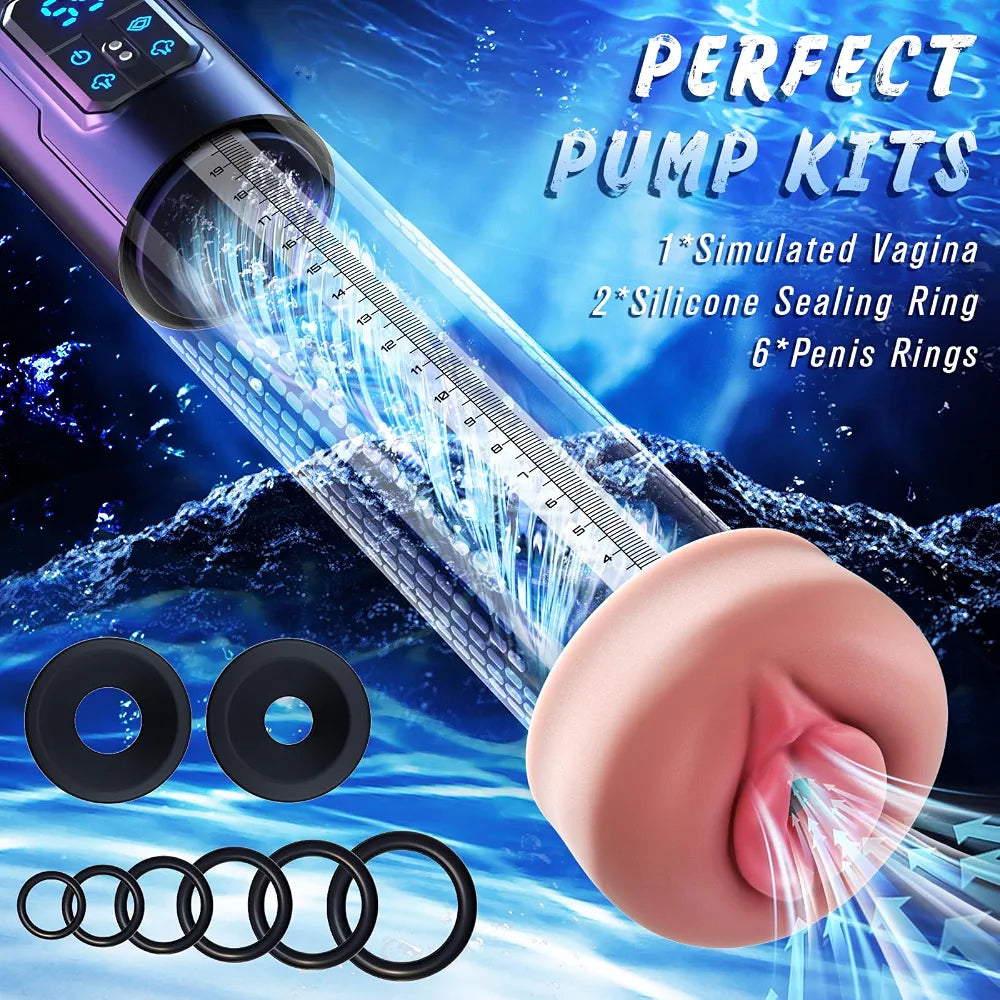 Electric Penis Pump, Adult Sex Toys Dick Enlarger for Men Erection, Air Water Extender with 4 Training Pressure and 3 Suction Modes, Automatic Male Masturbator with Penis Rings and Mini Pocket Pussy