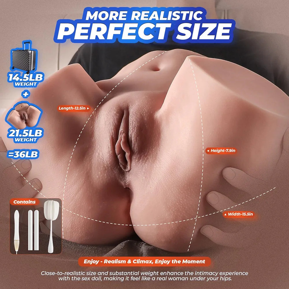 Realistic 36LB Female Torso Masturbator with Dual-Hole Vagina and Anal Channels, Includes Travel Luggage