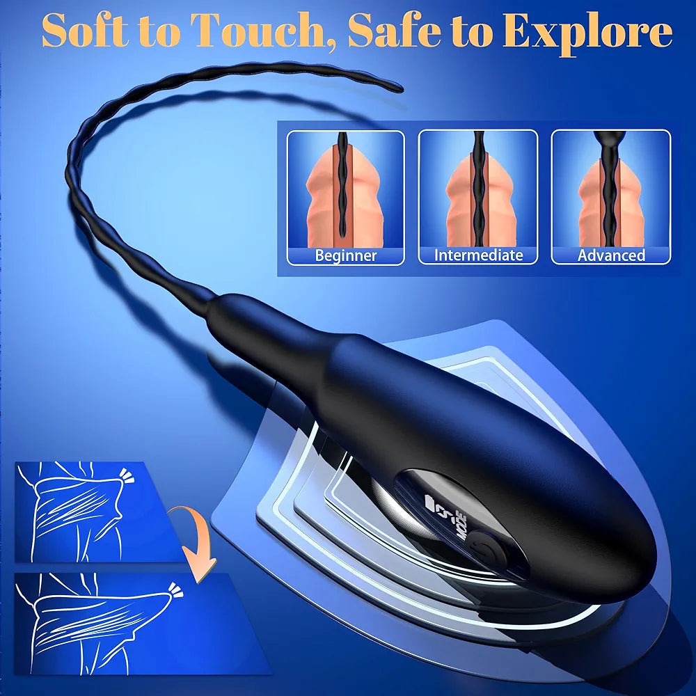 9-Mode Silicone Urethral Vibrating Sounding Rod with LED - Prostate Stimulator BDSM Sex Toy for Men