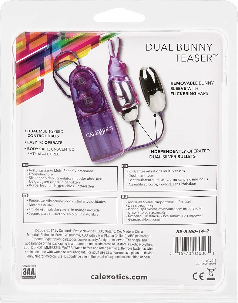 CalExotics Dual Bunny Teaser: Rabbit Tickler & Double Bullet Vibrator for Couples - Purple