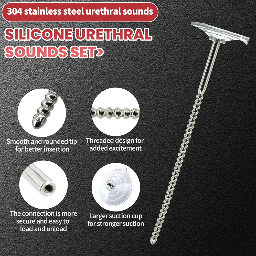 304 Stainless Steel Urethral Sound with Suction Cup - Male Stimulation Toy