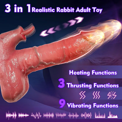 8.6-Inch Realistic Silicone Rabbit Dildo with 3 Thrusting and 9 Vibrating Modes, Suction Cup Base for G-Spot and Clitoral Stimulation