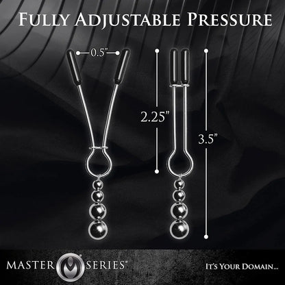 Master Series Adjustable Triple Bead Nipple Clamps with Soft Vinyl Tips - Sensory Play & BDSM Accessory