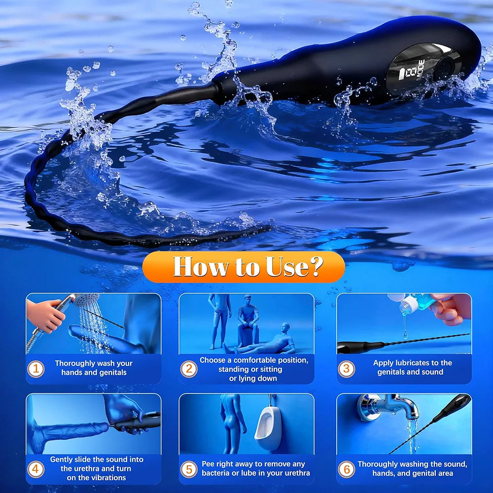 9-Mode Silicone Urethral Vibrating Sounding Rod with LED - Prostate Stimulator BDSM Sex Toy for Men