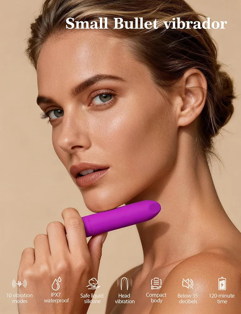 Rechargeable Waterproof Silicone Mini Bullet Vibrator - 10-Mode Purple Lipstick Massager