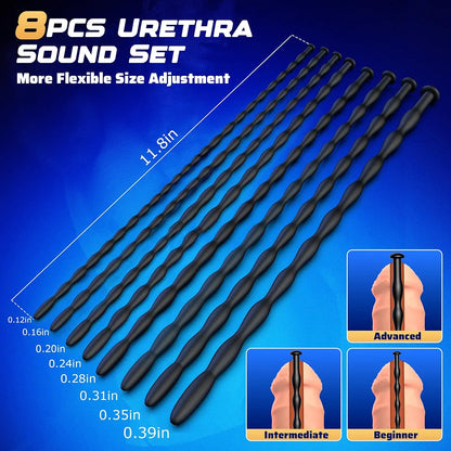 8-Piece Silicone Urethral Sounding and Dilator Set for Men - Flexible Catheters and Prostate Massager for BDSM Stimulation