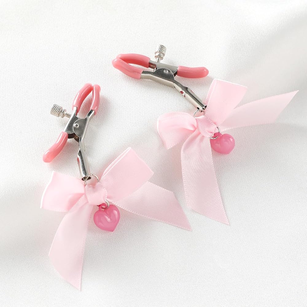 Adjustable Silicone Nipple Clamps with Pink Bows - 2 Piece Sensory Play Set