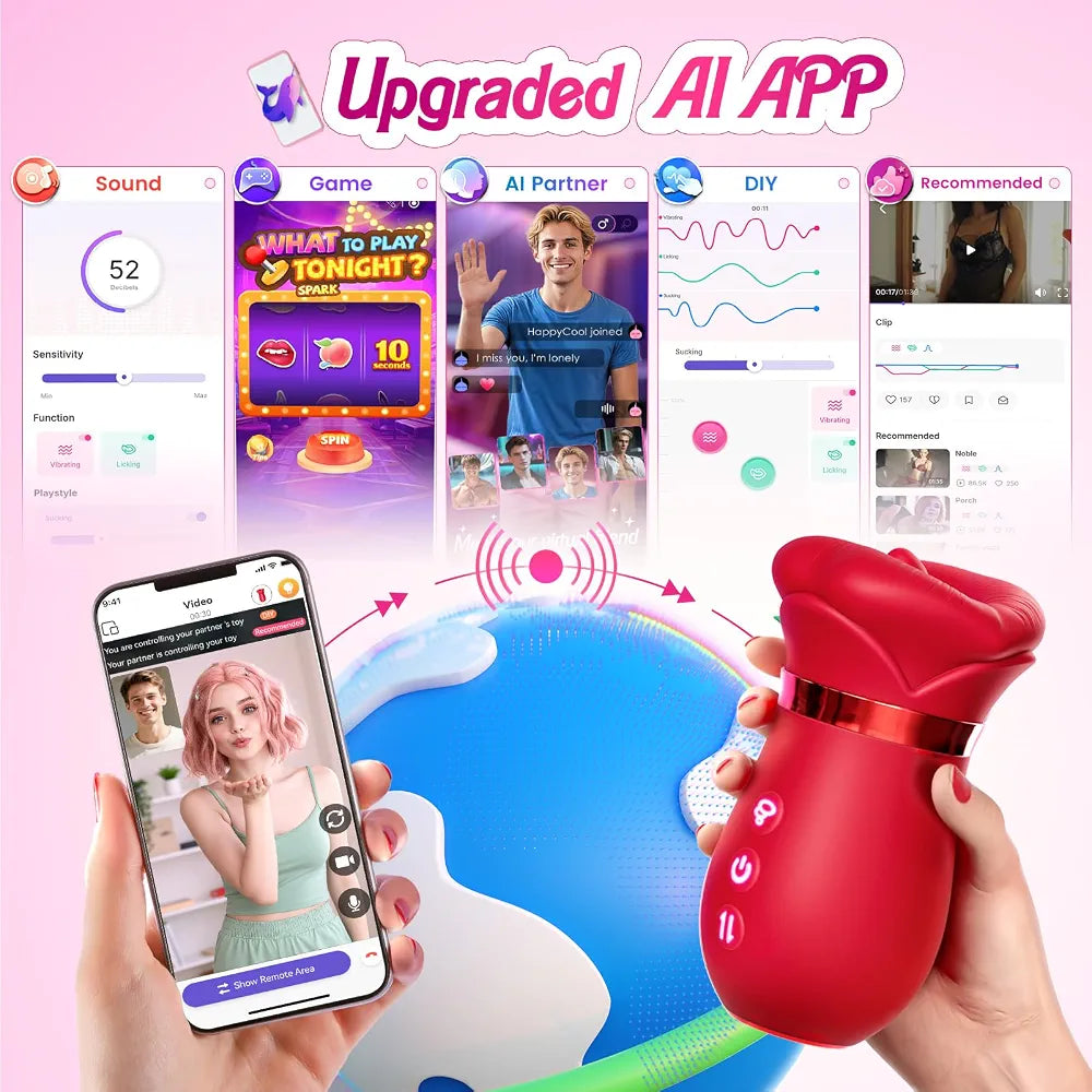 Sovokn 5-in-1 Rose Sucking Vibrator with App Control, 10 Tongue Licking Modes, and 4 Sucking Functions for Couples