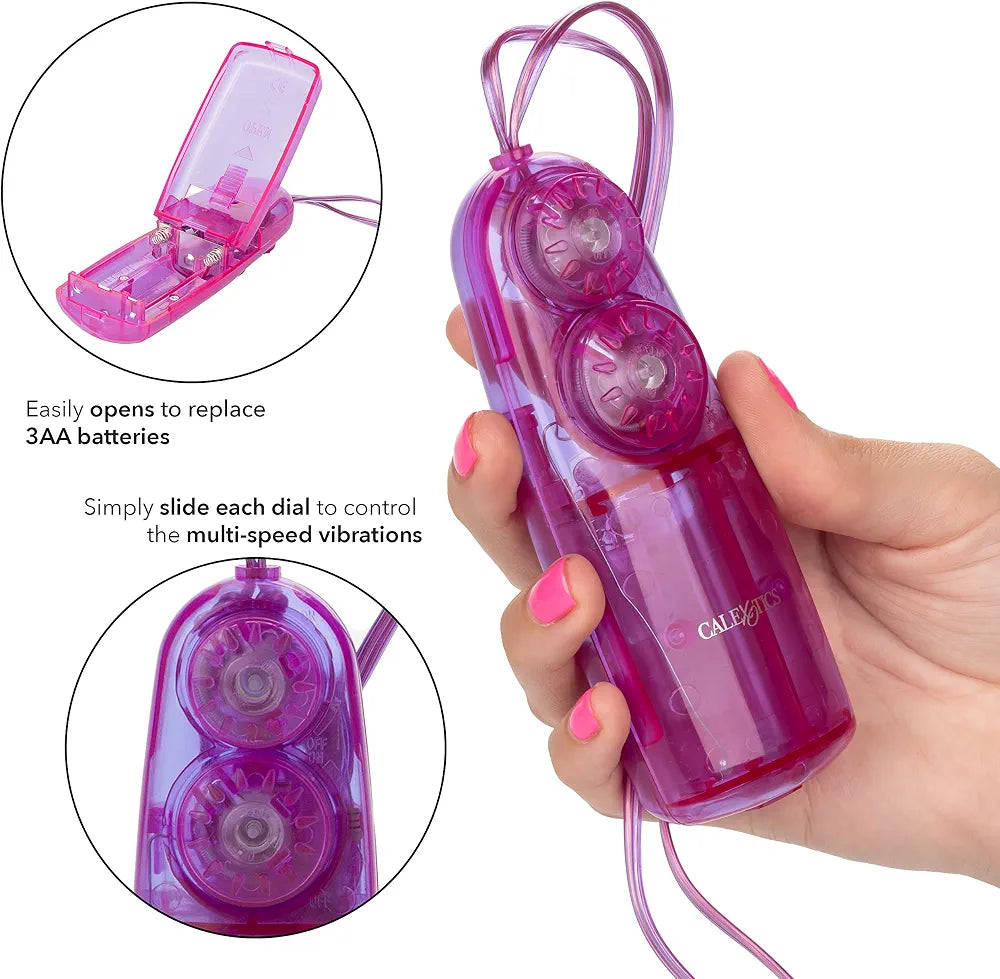 CalExotics Dual Bunny Teaser: Rabbit Tickler & Double Bullet Vibrator for Couples - Purple